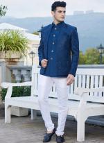 Art Silk Blue Wedding Wear Thread Work Readymade Jodhpuri Suit(Top Only)